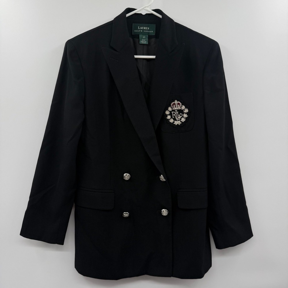 Ralph Lauren size 4 black wool vintage embroidered blazer preppy academia